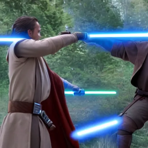 Image similar to a screen shoot of a star wars movie depicting a jedi versus sith fighting