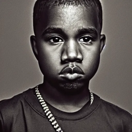 Image similar to the face of young kanye west at 1 3 years old, portrait by julia cameron, chiaroscuro lighting, shallow depth of field, 8 0 mm, f 1. 8