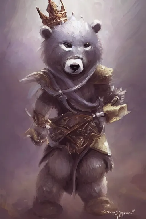 Image similar to cute little anthropomorphic bear knight wearing a cape and a crown, tiny, small, miniature bear, baby animal, short, pale blue armor, cute and adorable, pretty, beautiful, DnD character art portrait, matte fantasy painting, DeviantArt Artstation, by Jason Felix by Steve Argyle by Tyler Jacobson by Peter Mohrbacher, cinematic lighting