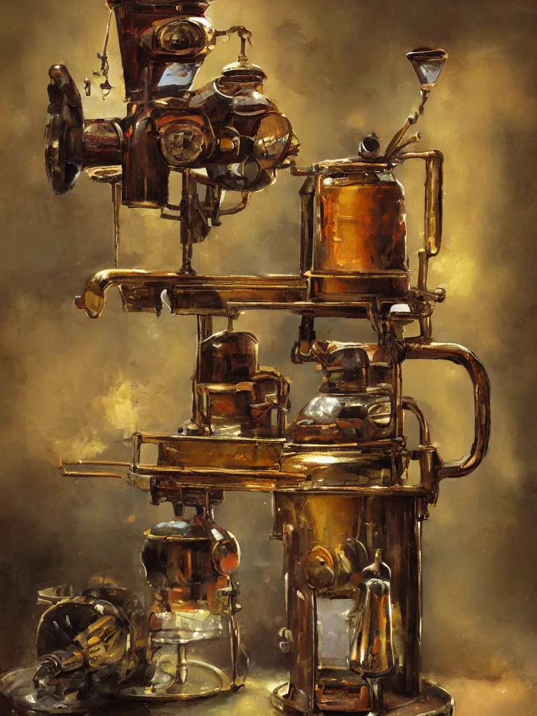 Prompt: oil painting of an ancient coffee machine, by Simon Stalenhaag, by Yoshita Amano, by Esao Andrews, sharp focus, fresh colors, conceptart, trending on artstation