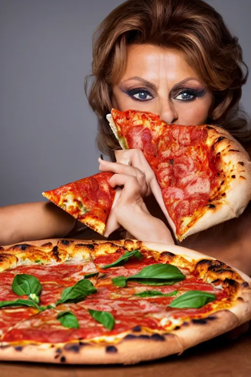 Prompt: professional studio photo of sophia loren eating!!! a pizza! margherita, closeup, portrait photo, diffuse light, muted colors, 5 0 mm, bokeh, acclaimed masterpiece