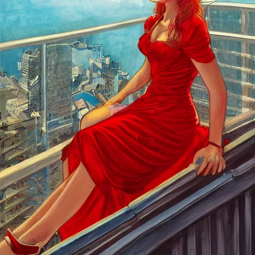 Image similar to a beautiful artwork of a woman in red dress sitting on the balcony of a hotel top view, by Jerome Opeña, featured on artstation