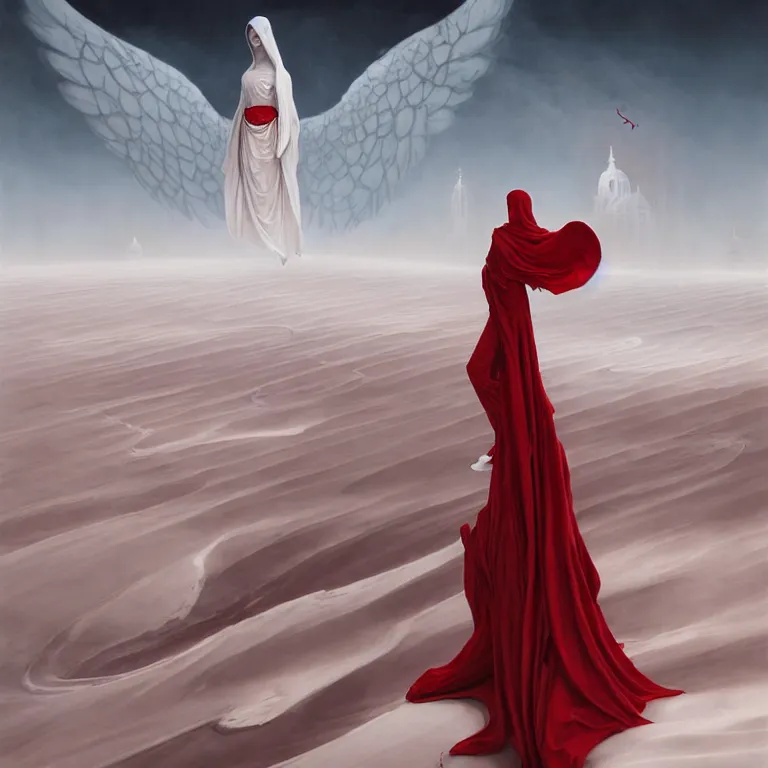 Image similar to one lone singular swirling otherworldly angel shrouded in red robes emerges from extensive barren white dunescape, matte painting by peter mohrbacher and filip hodas, background basilica sacre coeur, godrays, high contrast, highly detailed, a