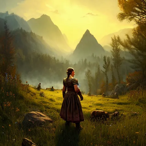 Prompt: the elder scrolls vi, small farmhouse, village girl in dirndl, mountainous sloping meadow and slightly forested background, atmospheric lighting, painted, intricate, volumetric lighting, beautiful, rich deep colors masterpiece, sharp focus, ultra detailed by leesha hannigan, ross tran, thierry doizon, kai carpenter, ignacio fernandez rios