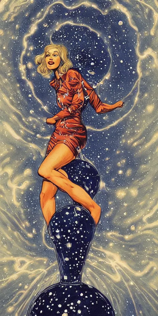 Image similar to a woman in a dress made of outer space pouring water from a vase into the milky way, by joe madura, by art adams.