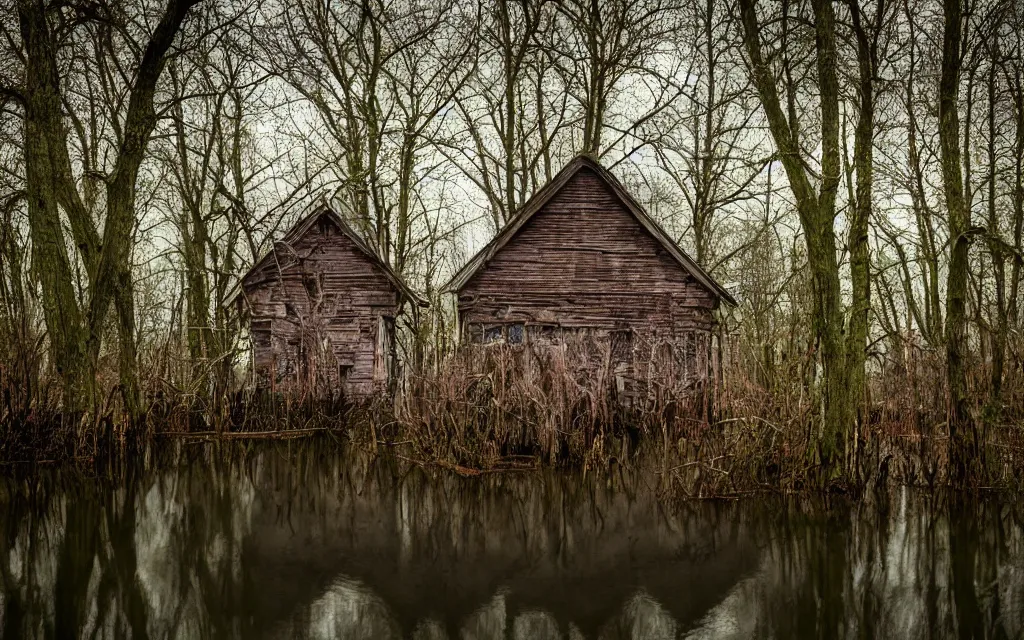 Image similar to an old rotten wooden chapel in a swamp, realistic, old color photograph, dynamic composition, creepy