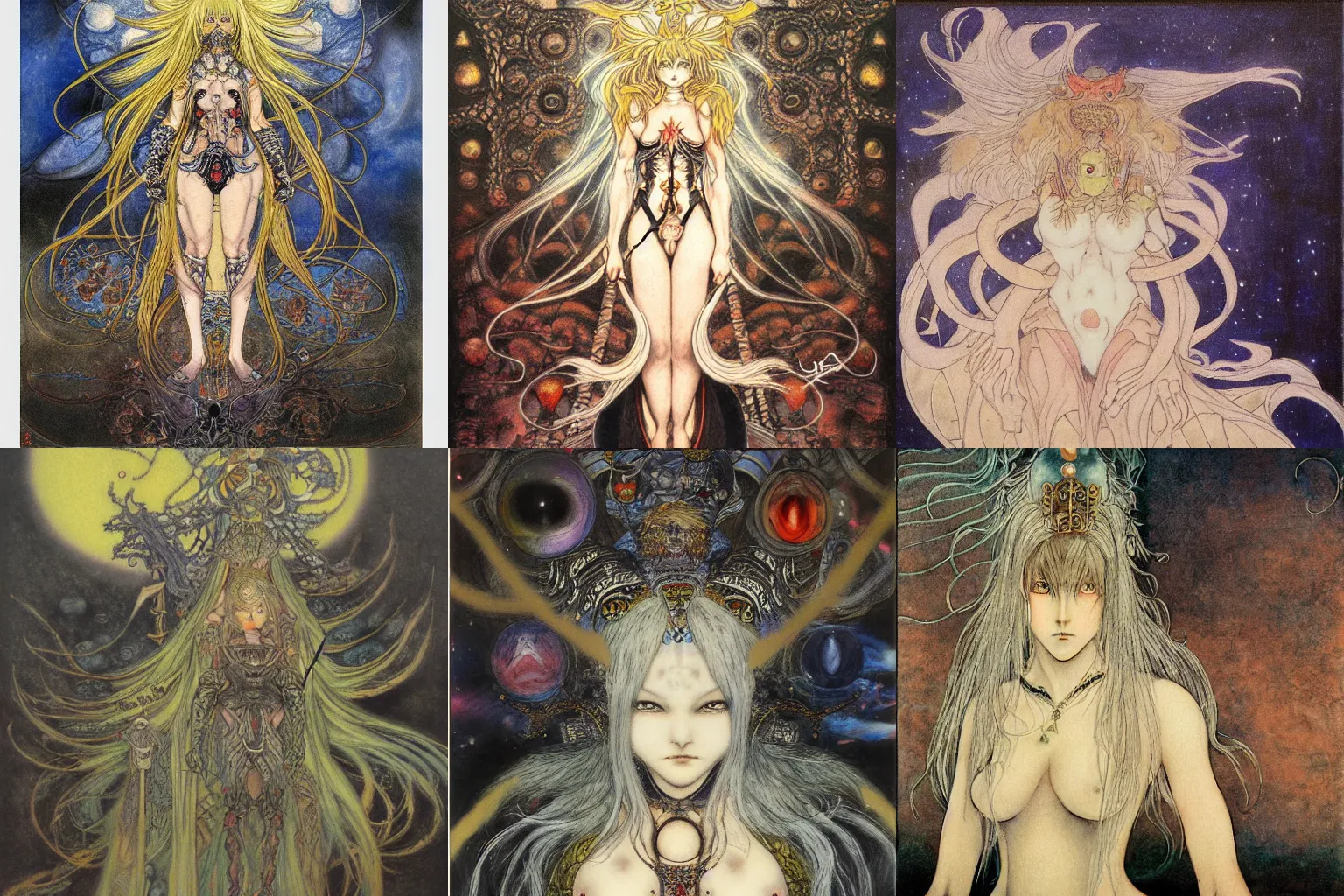 Prompt: final boss of the universe by Yoshitaka Amano in the style of John Bauer, oil painting on canvas