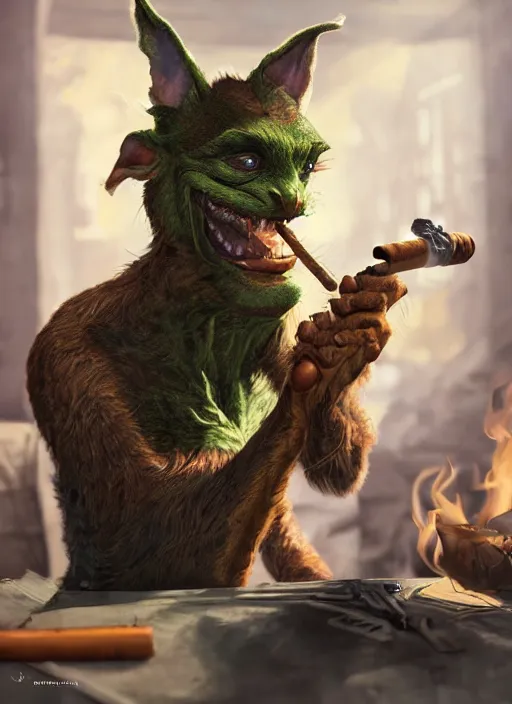 Prompt: pathfinder 2 e illustration of furry goblin smoking a cigar, unreal engine, hyper realism, realistic shading, cinematic composition, realistic render, octane render, detailed textures, photorealistic, wide shot