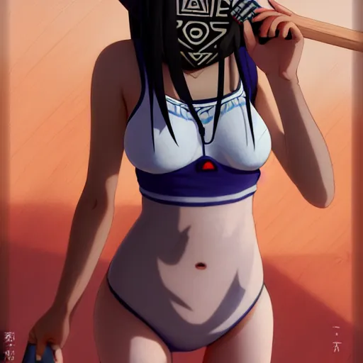 Prompt: beautiful boyish jun amaki gravure model in majora's mask, wearing wooden mask and baseball cap and leotard, street wear with subtle mayan patterns, aztec bathing suit, gapmoe yandere grimdark, trending on pixiv fanbox, painted by greg rutkowski makoto shinkai takashi takeuchi studio ghibli, akihiko yoshida