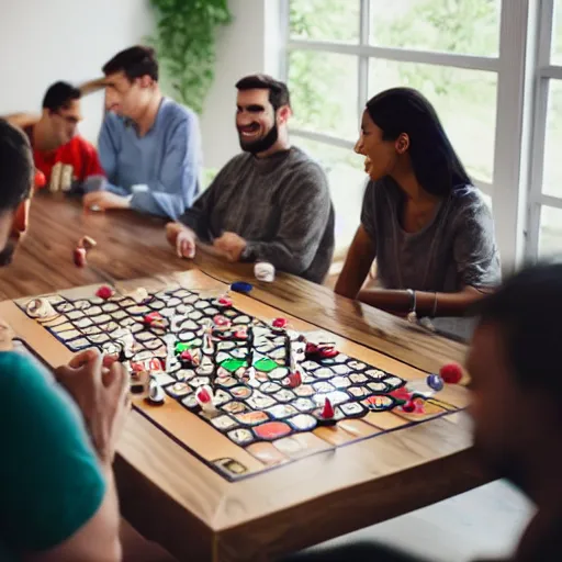 Image similar to photo of a dozen people sitting around a wooden rectangular table playing a board game