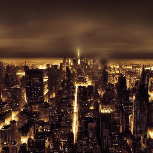 Image similar to The bitcoin signal shines into the clouds over new york city on a dark, foggy night, photo realistic