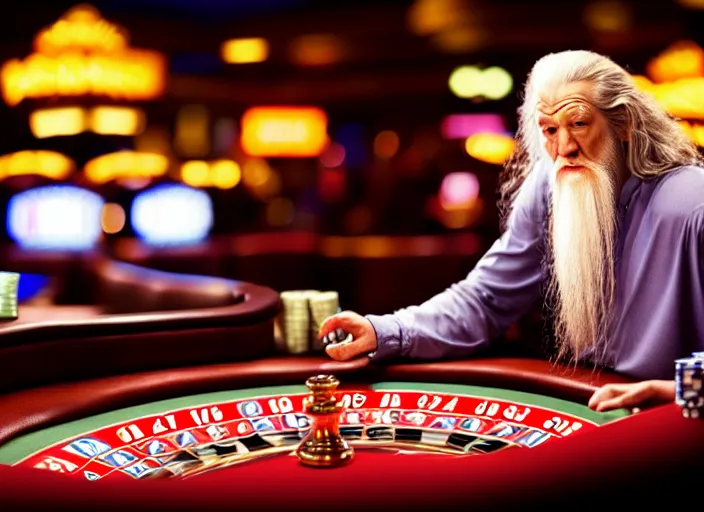 Prompt: film still of gandalf gambling in a casino in new hangover movie, 8 k