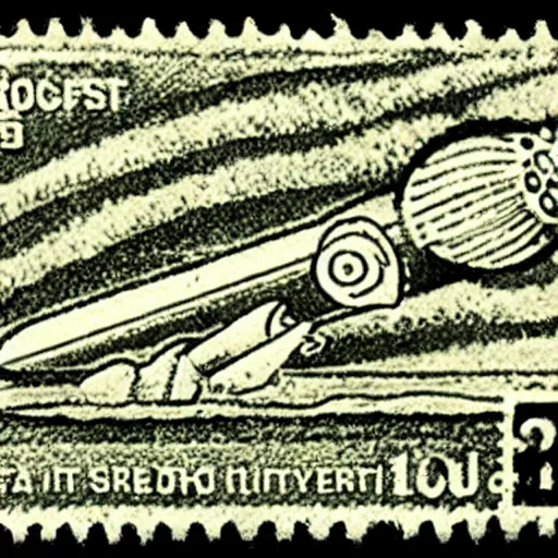 Prompt: a stamp commemorating a rocket launch