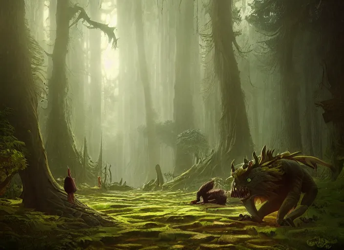 Image similar to digital art of monster and the beast in the magical forest by greg rutkowski 8k