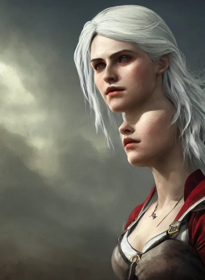 Prompt: a half portrait of ciri from the witcher 3 wearing a white sundress in fallout 4, platinum hair, fantasy setting, beautiful face, warm colors, serene lighting, atmospheric, cinematic, moody, in the style of diego koi, gina heyer, luiz escanuela, art by alyssa monk, hyperrealism, rule of thirds, golden ratio, oil on canvas, 8 k