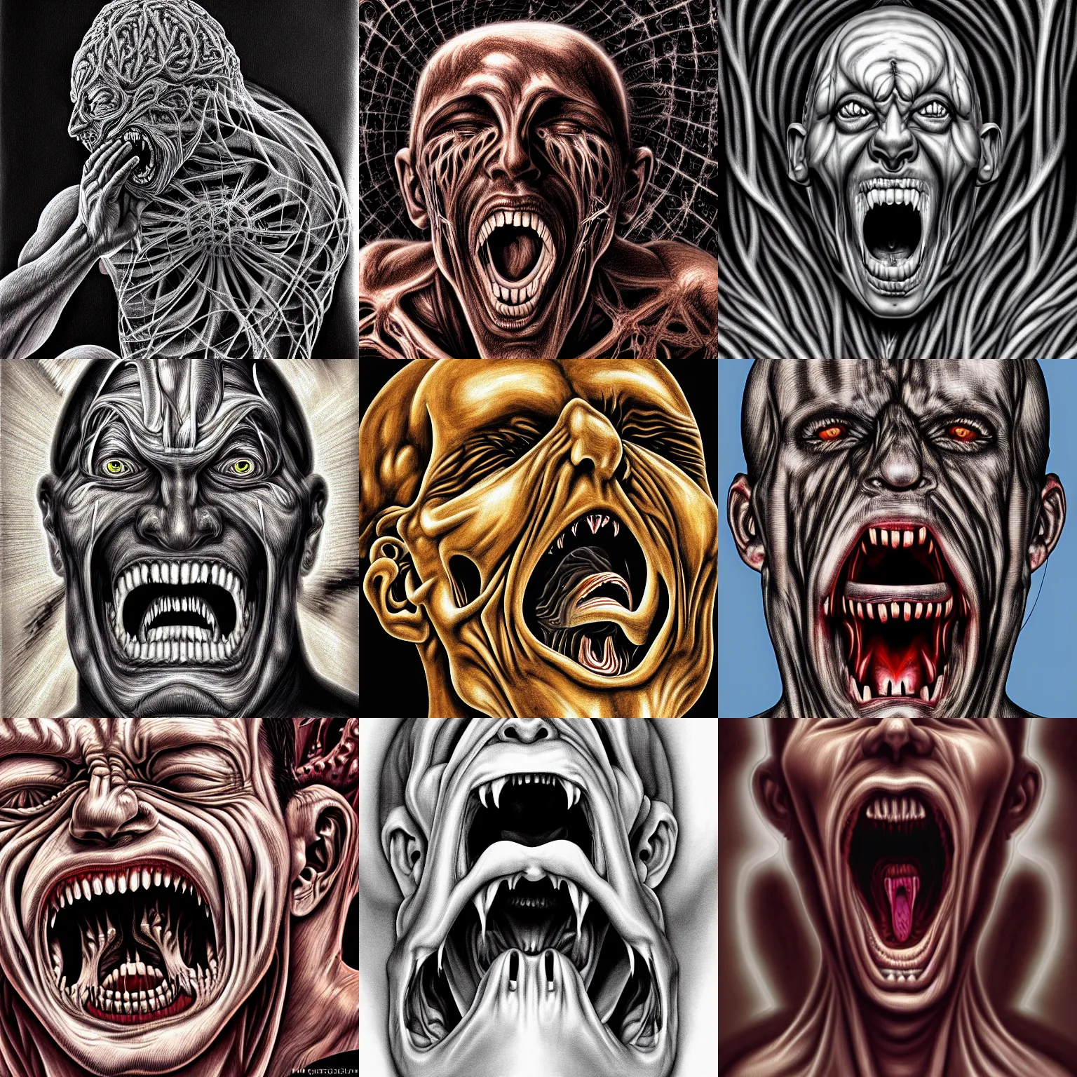 Prompt: outline painting of man screaming with fear, recursive, fractal, creepy, Giger, Echer, Madelbrot, perfect face, realistic, hyper detailed