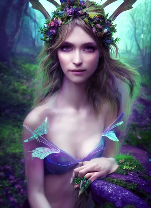 Image similar to beautiful full body portrait fairy faerie fey fae forest spirit highly detailed CGsociety subtle enchanting alluring magical concept art HDR hyper realistic volumetric lighting subsurface scattering unreal