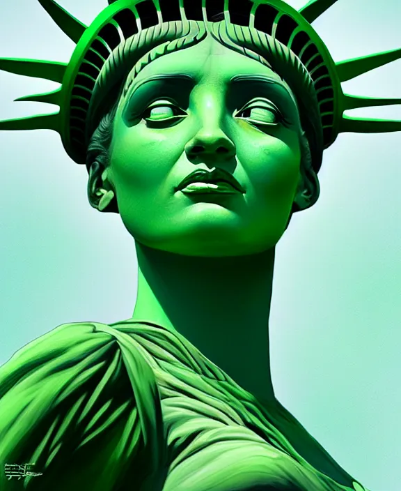 Prompt: cute woman dressed as statue of liberty, perfect face, symmetrical eyes, green skin, cinematic, stunning, elegant, highly detailed, psychedelic, digital painting, artstation, smooth, hard focus, illustration, art by jessica rossier and and brian froud