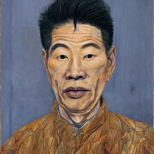 Prompt: detailed portrait of an asian american man in his 3 0 s, by lucian freud, francis bacon, john chamberlain, willem de kooning, andreas franke, jean giraud, rob gonsalves, james gurney, james jean, ruan jia, gustav klimt