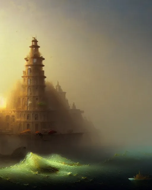 Image similar to unfinished building by ivan aivazovsky, steampunk poppy retro atlantis futuristic water biopunk gem cosmic, archdaily, wallpaper, highly detailed, trending on artstation.