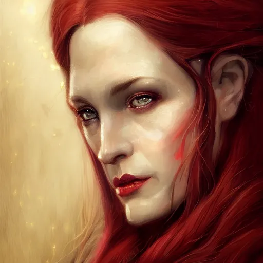 Image similar to a detailed matte head - on portrait painting of an middle - aged tiefling elegant and distinguished noblewoman with golden eyes and short long flowing red hair, by charlie bowater, lise deharme, wlop, tending on arstation, dungeons and dragon, dnd, pathfinder, fanart, oil on canvas