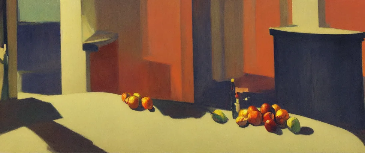 Image similar to bowls, bottles, cans and fruits on the corner table in a modern living room at night, cold lighting, by Edward Hopper