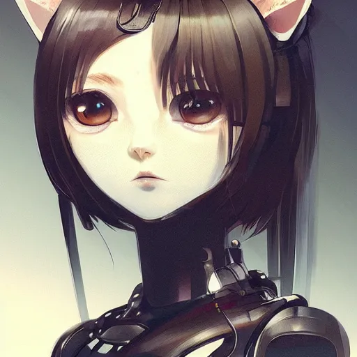 Image similar to A potrait of a cyborg cat with big and cute eyes, fine-face, realistic shaded perfect face, fine details. Very anime style. Realistic shaded lighting poster by Ilya Kuvshinov katsuhiro, magali villeneuve, artgerm, Jeremy Lipkin and Michael Garmash, Rob Rey and Kentarõ Miura style, trending on art station