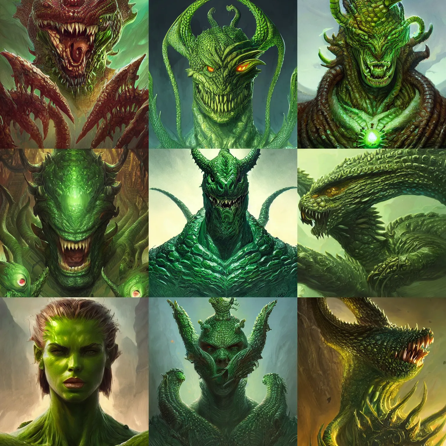 Prompt: hydra with eight heads, monster, green, scaly, d & d, fantasy, highly detailed, digital painting, trending on artstation, concept art, sharp focus, illustration, art by artgerm and greg rutkowski and magali villeneuve