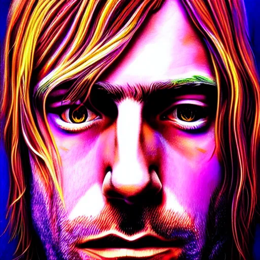 Image similar to An extremely psychedelic portrait of Kurt Cobain, surreal, LSD, face, detailed, intricate, elegant, lithe, highly detailed, digital painting, artstation, concept art, smooth, sharp focus, illustration