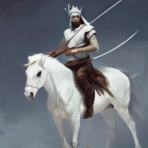 Image similar to a white horse The one who rode him carried arrows and a bow in his hand, and they gave him a crown, digital Art, Greg rutkowski Trending artstation