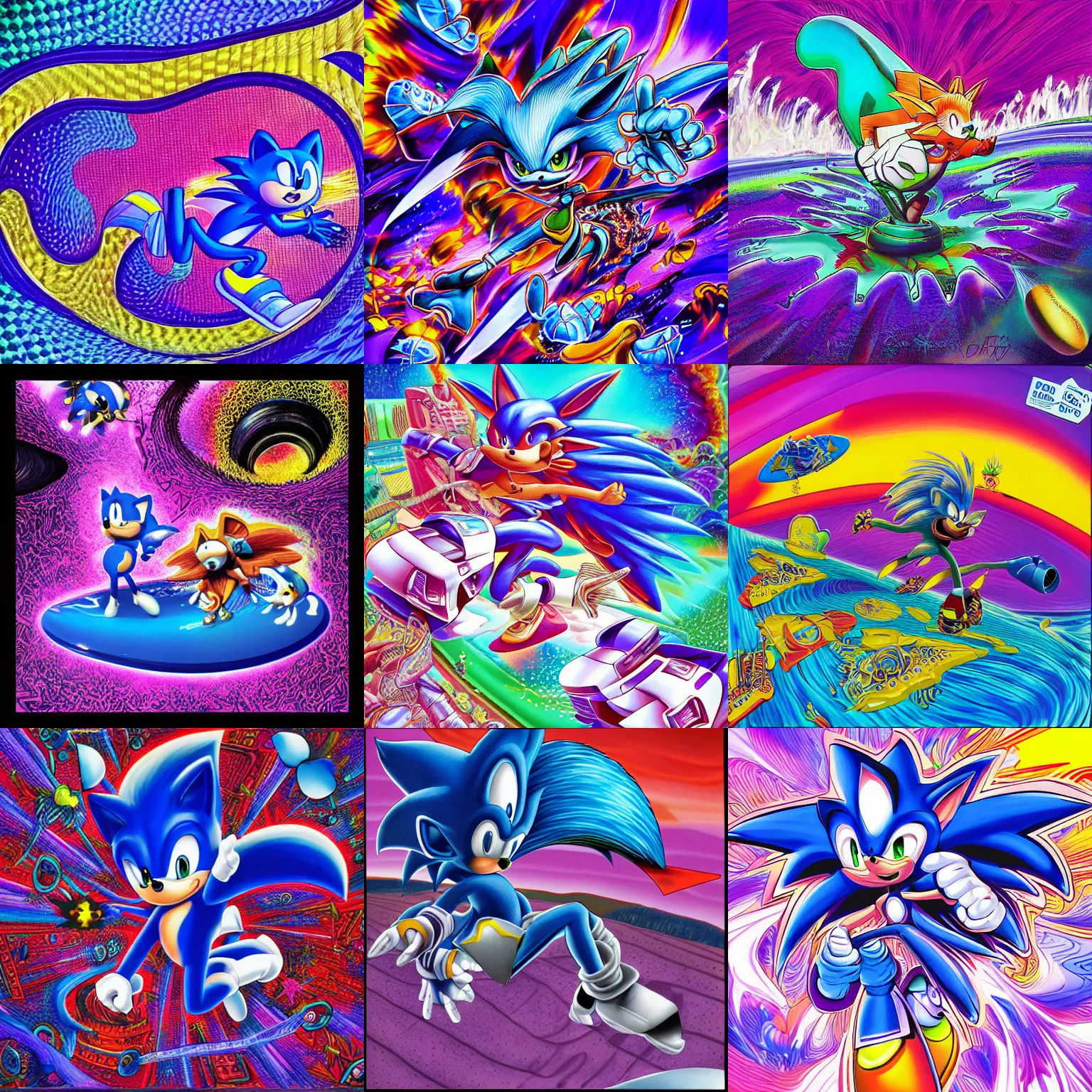 Prompt: surreal, recursive, sharp, detailed professional, high quality airbrush art MGMT album cover of a liquid dissolving LSD DMT blue sonic the hedgehog surfing through cyberspace, purple checkerboard background, 1990s 1992 Sega Genesis video game album cover