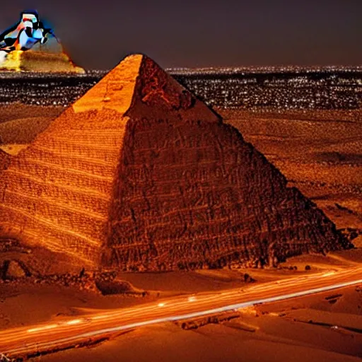 Prompt: pyramids of giza at night, neon lit