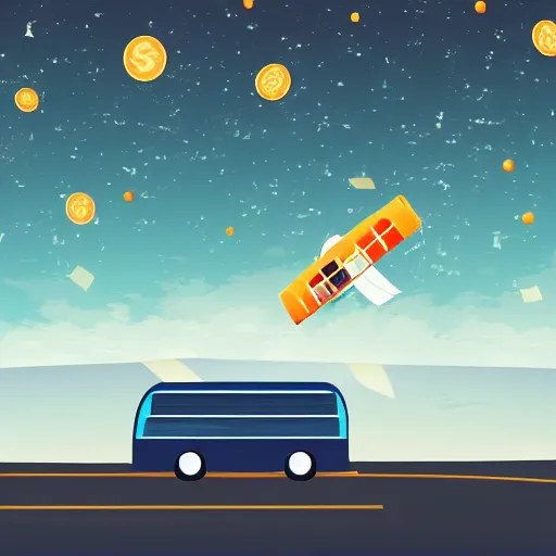 Image similar to a bus driving in outer space with money flying out of the bus windows. illustrated, high resolution