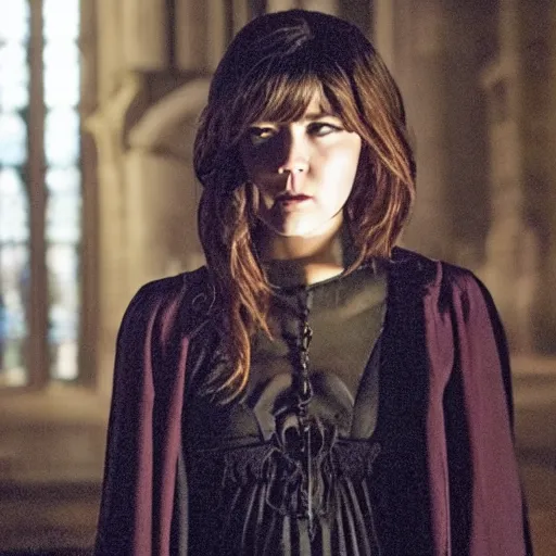 Image similar to mary elizabeth winstead as a vampire about to attack in a gloomy gothic cathedral at night