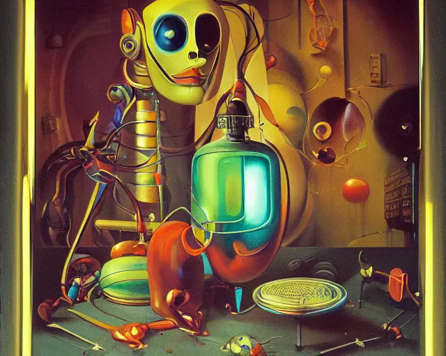 Image similar to strange seductive futuristic robot body, enticing colorful oil painting dutch golden age vanitas still life sparse composition with bulbous objects strange gooey transparent surfaces shiny metal reflections bizarre mutant meat insects rachel ruysch dali todd schorr very detailed perfect composition rule of thirds masterpiece canon 5 0 mm, cinematic lighting, photography, retro, film, kodachrome