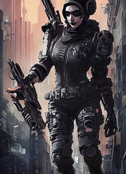 Prompt: gorgeous cyberpunk blackops assassin. hijab. night vision. tactical stealth suit. portrait by ashley wood and alphonse mucha and laurie greasley and josan gonzalez and james gurney. spliner cell, apex legends, rb 6 s, hl 2, d & d, cyberpunk 2 0 7 7. realistic face. dystopian setting.