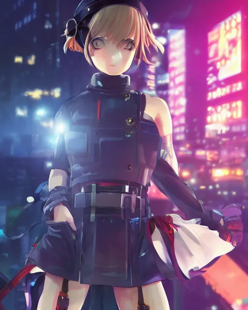 Image similar to full body image of anime girl in mechanic armor in night tokyo by makoto sinkai, perfect face, fine details