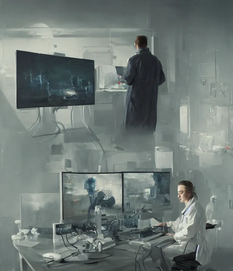 Prompt: a cloes up portrait of a researcher in a white coat in front of a computer and screens in a painting from stalenhag, 4 k, 8 k, hdr, artstation