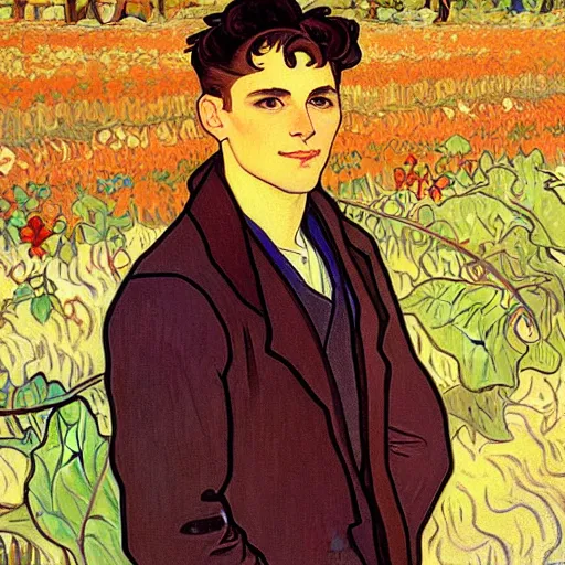 Image similar to painting of handsome young delicate beautiful jeffrey in his 2 0 s with brown hair and gorgeous rina together at the pumpkin patch in october, elegant, clear, painting, stylized, art, art by alphonse mucha, vincent van gogh, egon schiele,