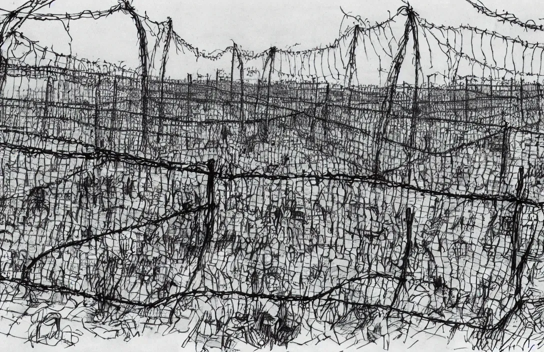 Image similar to milt kahl sketch of zombie apocalypse resistance camp with barbed wire fencing