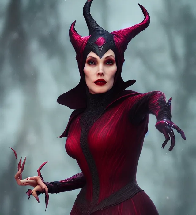 Image similar to scarlet witch as maleficent, nostalgia, very detailed texture, realistic shaded lighting, studio quality, digital art, dynamic background, unreal engine 5 rendered, octane rendered, pinnacle studio, naturel, trending on artstation, art style by ian sprigger