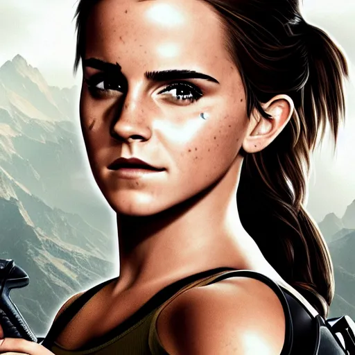 Prompt: portrait emma watson as lara croft movie poster