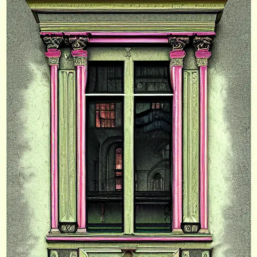 Prompt: digital illustration of a beautiful window open front view, aesthetic, achenbach, andreas, angelico, fra, bellotto, bernardo, ornate, russian style, colorful architectural drawing, behance contest winner, vintage frame window