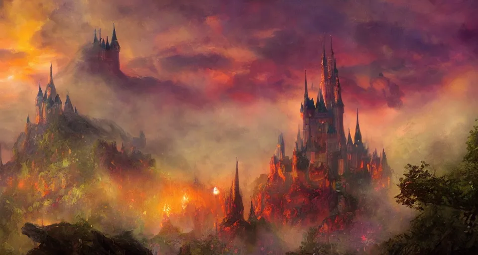 Image similar to happy disney castle rising up from the mist in the morning silhouetted by a single huge blood, anders zorn, thomas kincade, trending on artstation, lava, dungeons and dragons, saturated colors, fun, happy, colorful