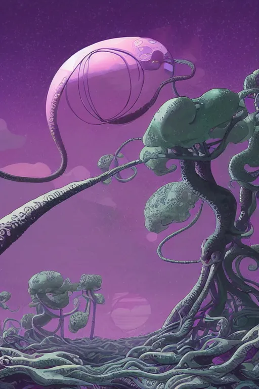 Image similar to concept art painting of an alien world with tentacle trees, artgerm, moebius, inio asano, toon shading, cel shading, calm, tranquil,