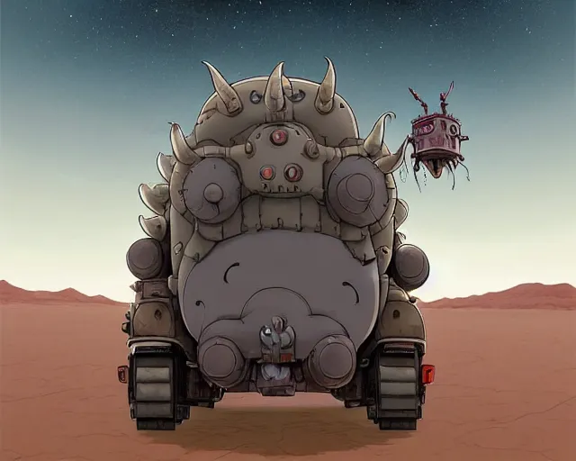 Image similar to a cell shaded cartoon grey lovecraftian mechanized bison from howl's moving castle ( 2 0 0 4 ), with a big head, on a desert road, wide shot, in front of a big moon, muted colors, post grunge, josan gonzales, wlop, by james jean, victor ngai, hq, deviantart, art by artgem