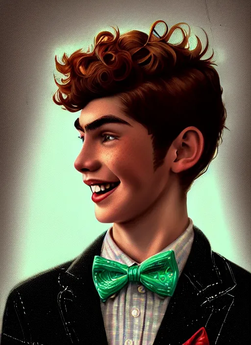 Prompt: portrait of teenage archie andrews, freckles, curly middle part haircut, curly hair, middle part hairstyle, smiling kindly, wearing a bowtie, intricate, elegant, glowing lights, highly detailed, digital painting, artstation, concept art, smooth, sharp focus, illustration, art by wlop, mars ravelo and greg rutkowski