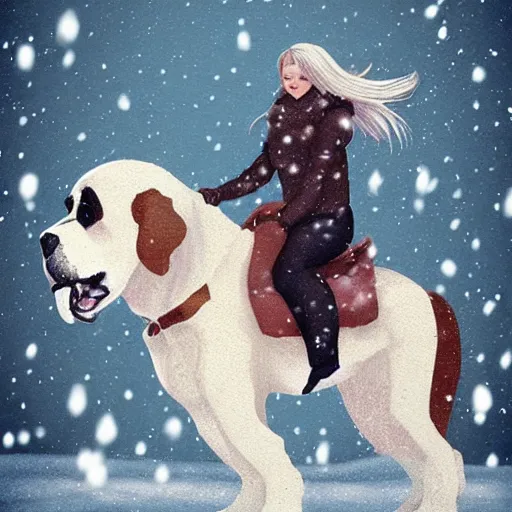 Image similar to girl riding giant saint bernard in the snow, trending on artstation