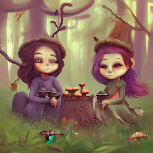 Prompt: cute forest witch gathering mushrooms, digital 2d, art direction, artstation