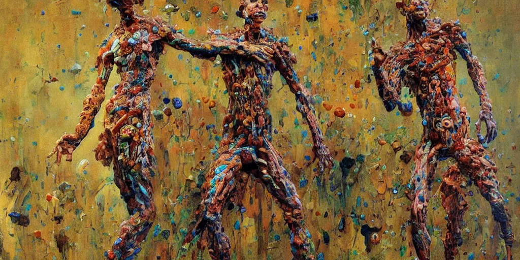 Prompt: a full body sculpture made of bacteria and virus and molecules and atoms, painting part by wojciech siudmak, part by ilya repin, part by max ernst, part by norman rockwell, artstation